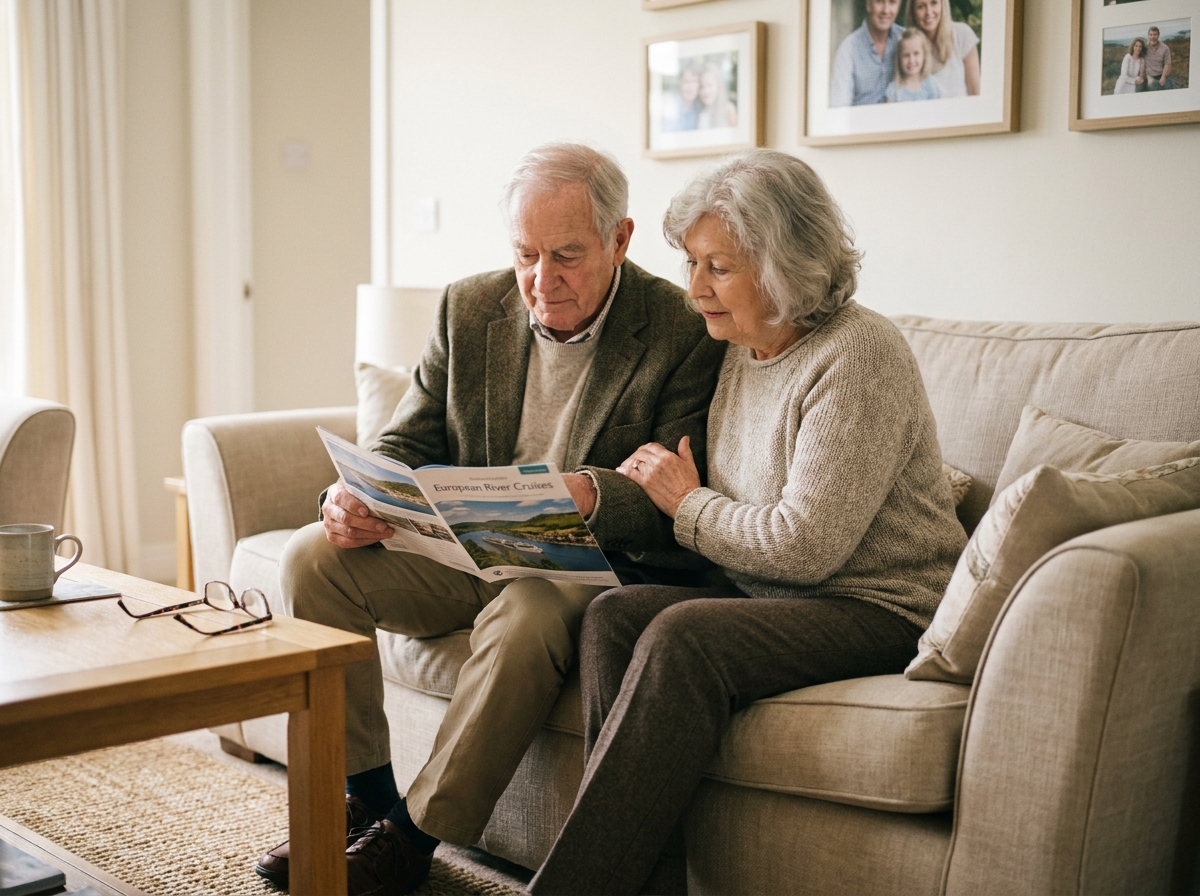 Couple âgé examinant ensemble une brochure d'assurance obsèques dans leur salon, atmosphère sereine et familiale