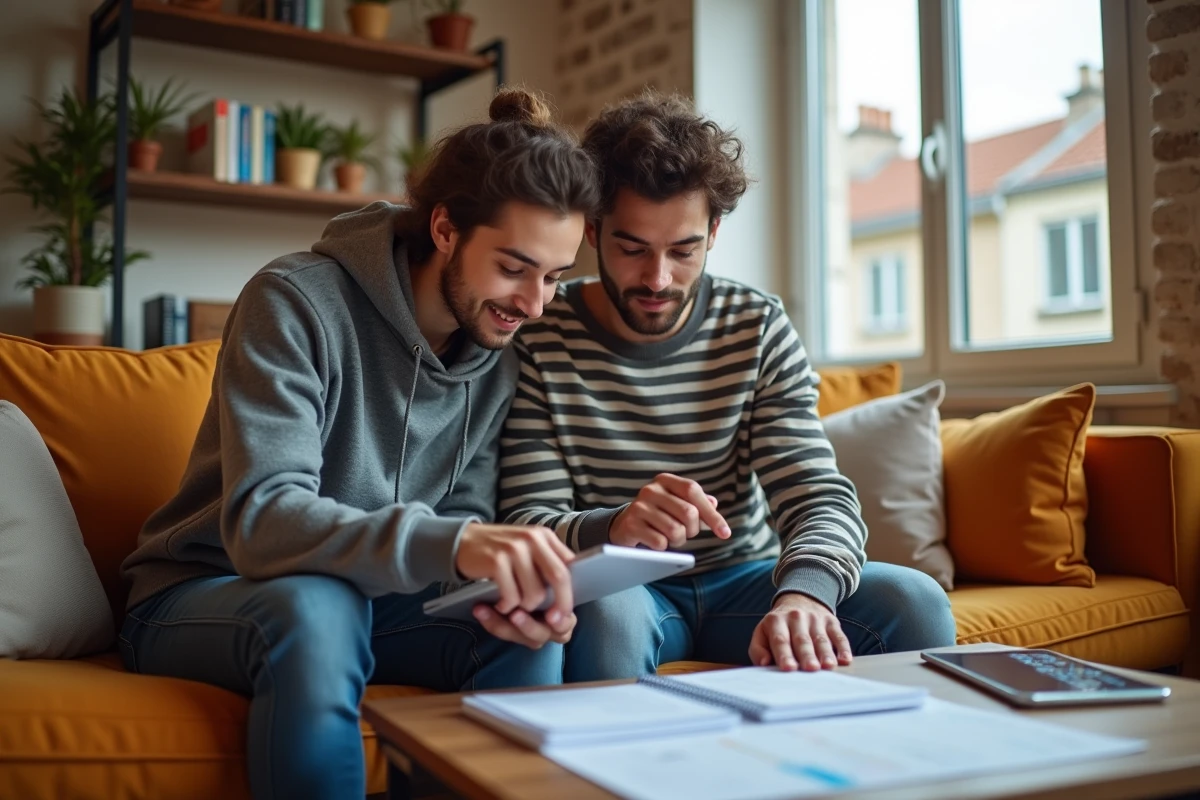 Couple calculant ensemble le salaire minimum pour bénéficier de la Prime d'activité sur une tablette dans leur salon