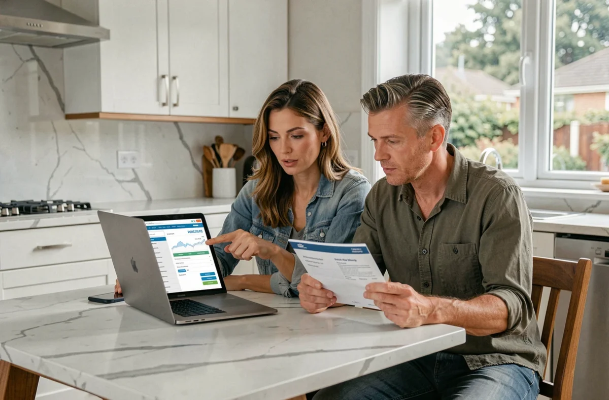 Un couple compare des offres d'assurance emprunteur en ligne depuis leur cuisine avec un ordinateur portable et une brochure