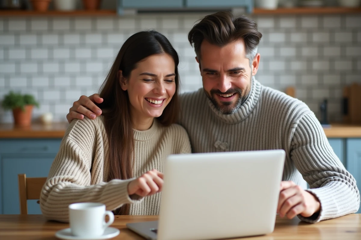 Couple comparant des options d'épargne logement sur un ordinateur portable dans une cuisine moderne