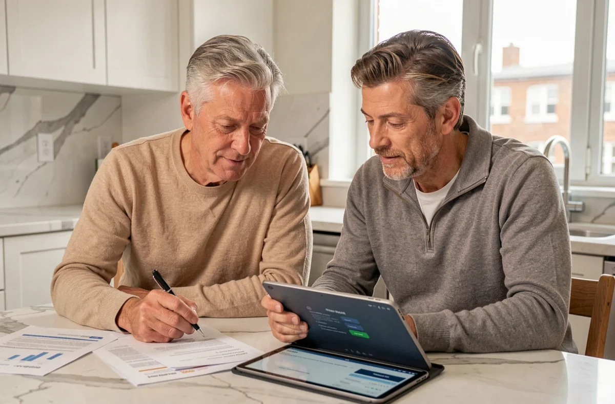 Couple examinant ensemble des documents financiers et une application bancaire en ligne dans une cuisine moderne