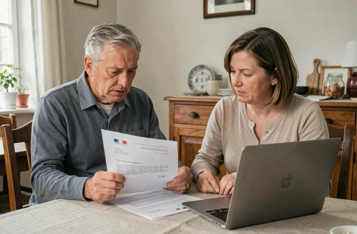 Couple examinant un courrier officiel et un ordinateur après un remboursement ou paiement sur creances-publiques.fr