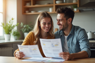 Jeune couple souriant en famille avec documents financiers