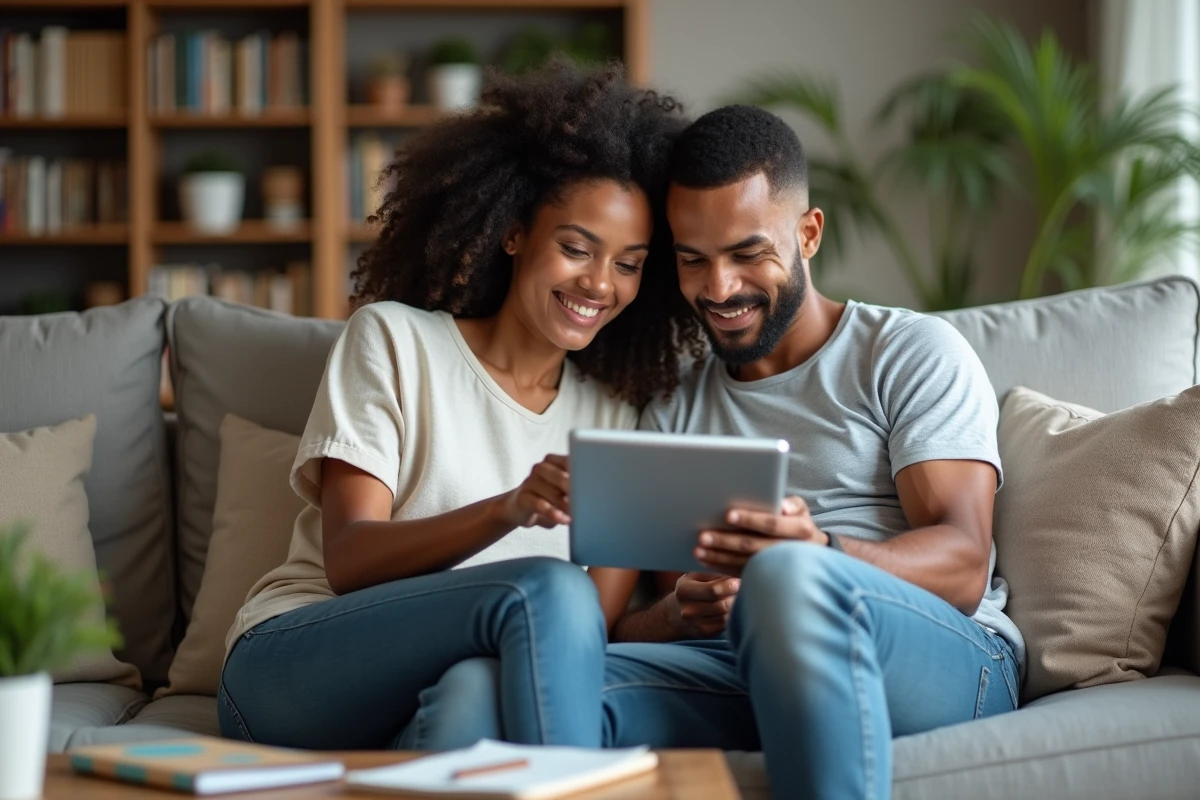 Couple analysant ensemble des graphiques de budget sur tablette pour mieux sécuriser leur argent au quotidien