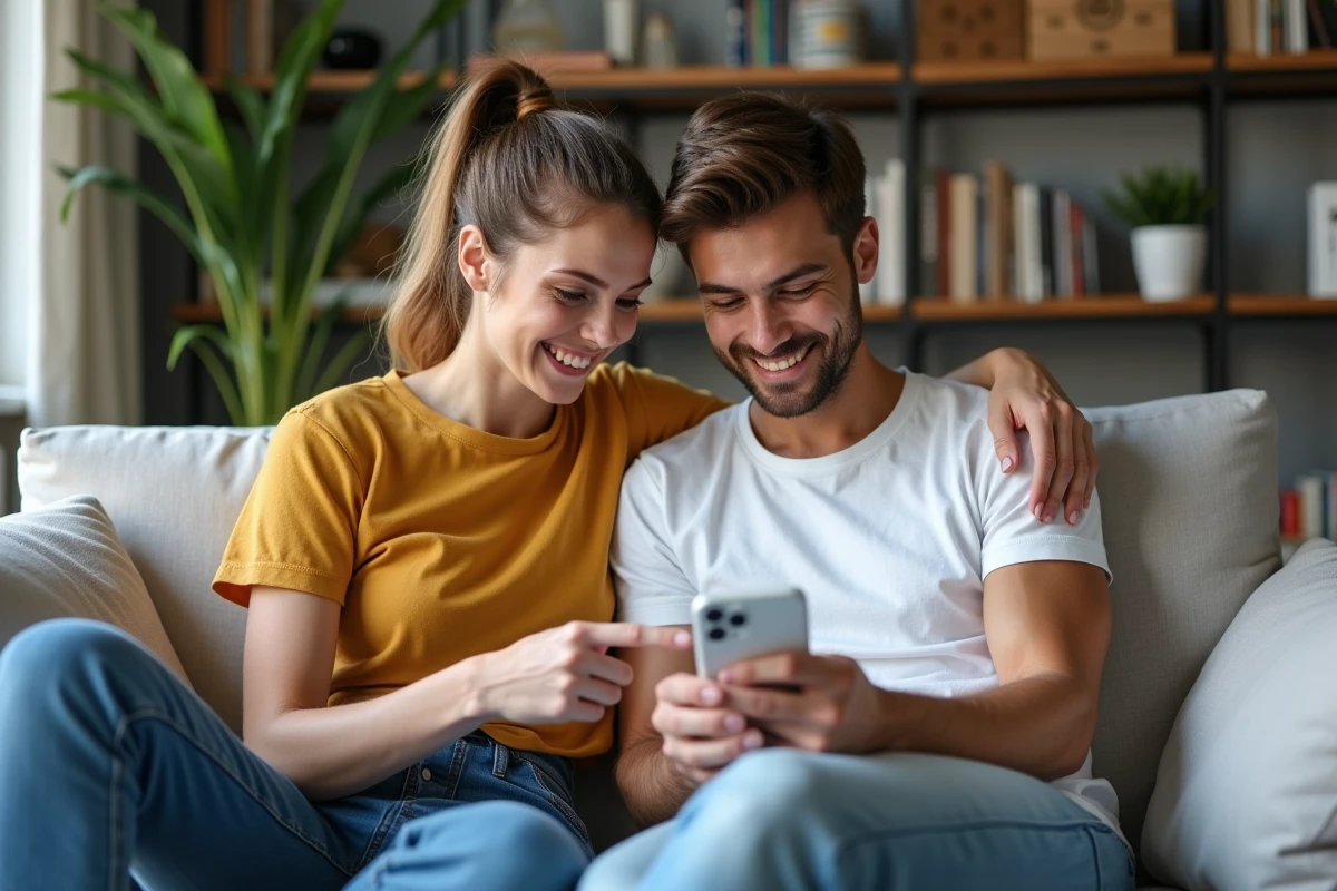 Couple gérant leurs comptes bancaires sur l'application Canorddefrance dans leur salon