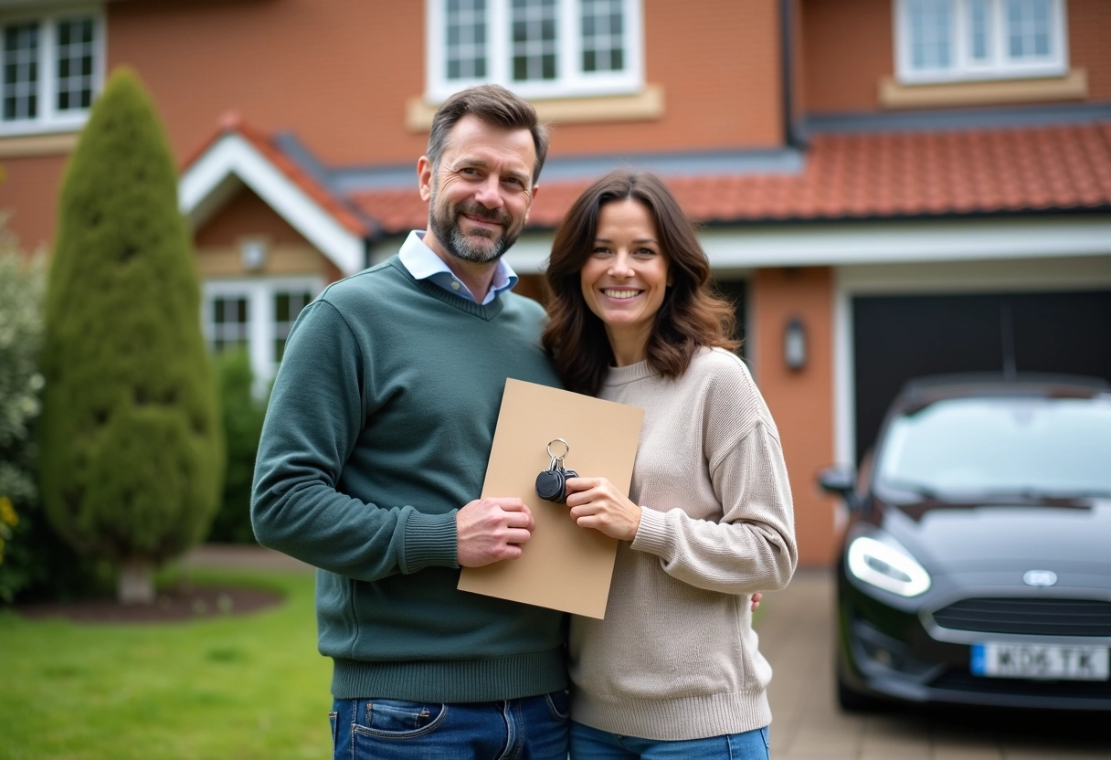 Couple avec clés devant leur maison neuve dans la banlieue