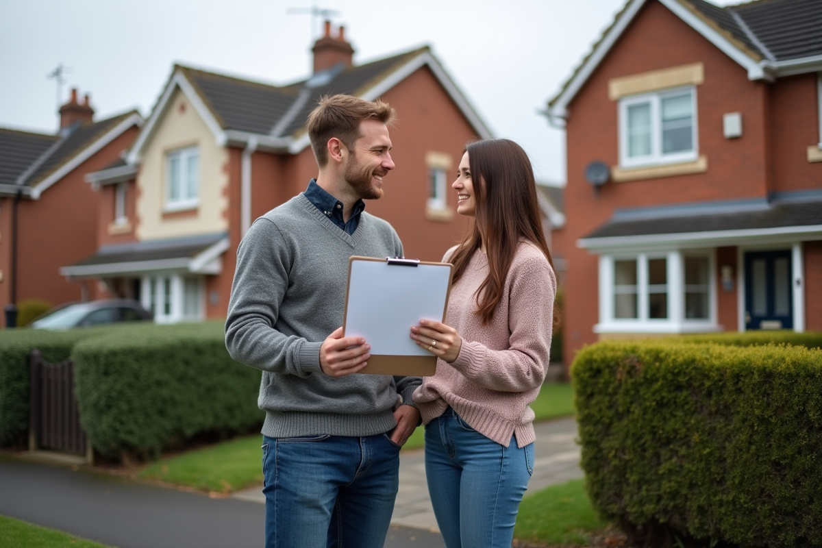 Couple dans la rue devant une maison de banlieue