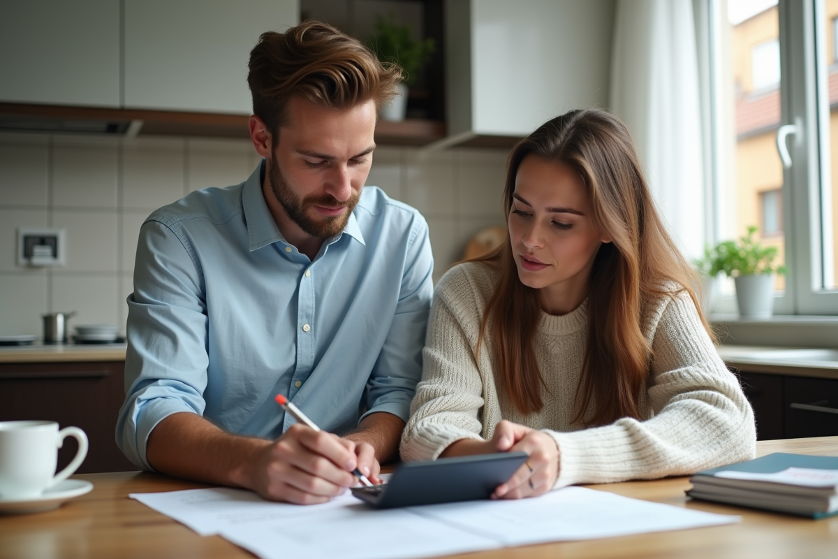 Jeune couple examinant des documents de prêt immobilier à la maison