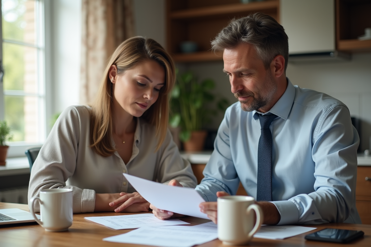 Couple discutant de documents de mortgage à la maison