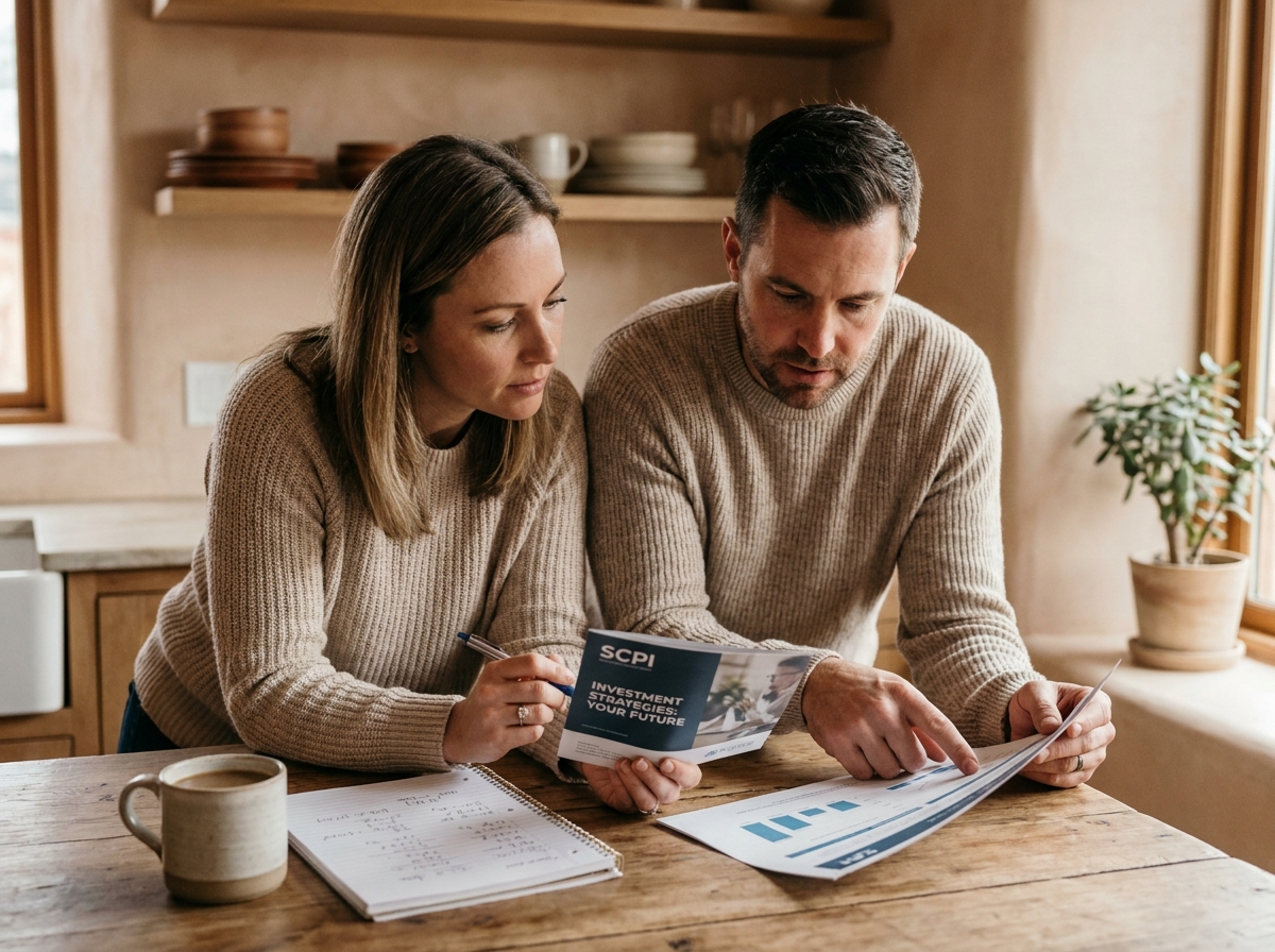 Couple étudiant ensemble un document de planification financière pour investir en SCPI depuis leur domicile