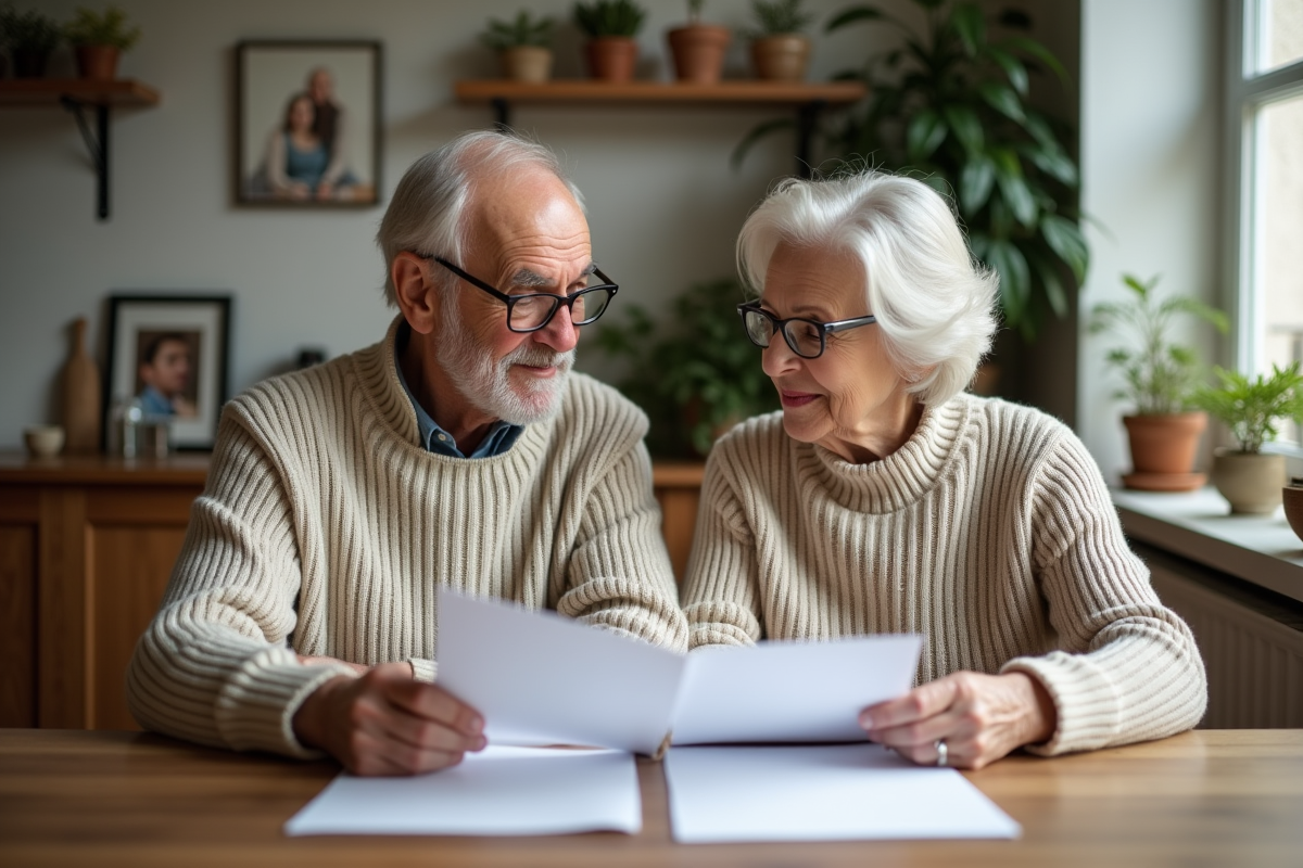Couple senior lisant des papiers dans une maison chaleureuse