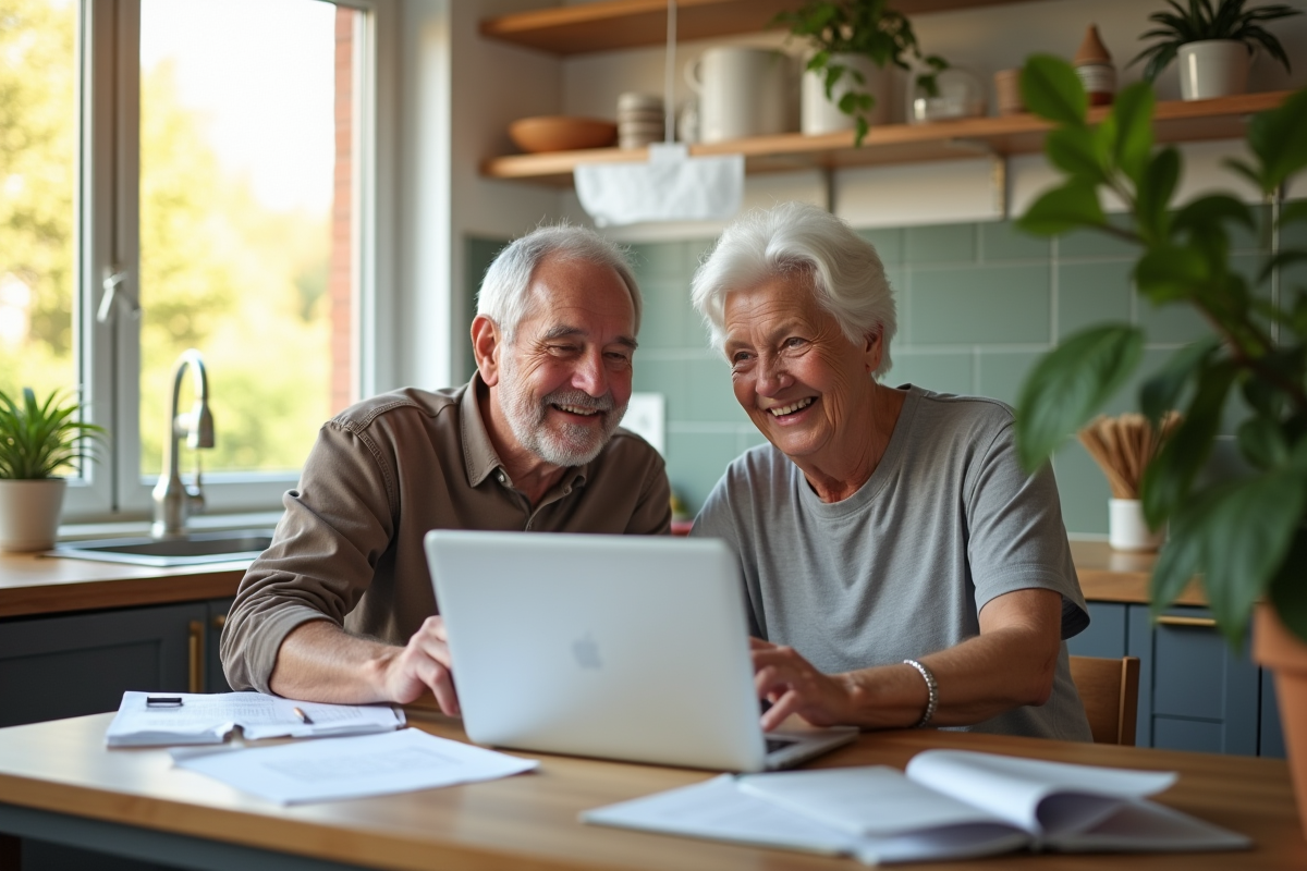Couple senior souriant discutant avec un ordinateur dans la cuisine