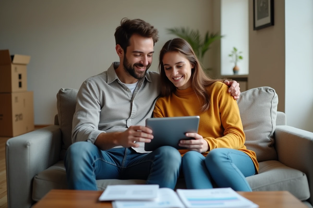 Jeune couple consultant un simulateur APL sur tablette entouré de documents dans un appartement nouvellement emménagé