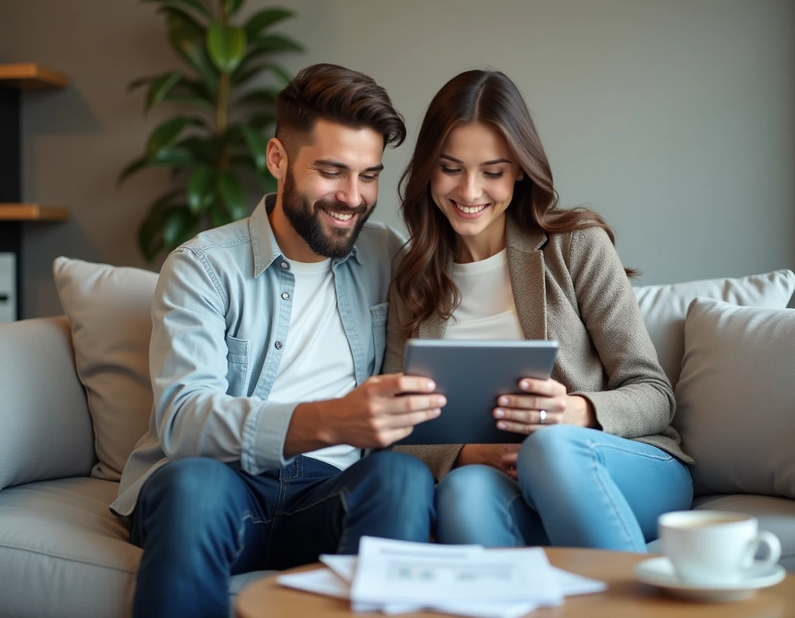 Couple examinant une simulation de prêt en ligne sur une tablette dans leur salon