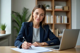 Femme remplissant un formulaire de déclaration de sinistre ACM IARD à son bureau à domicile