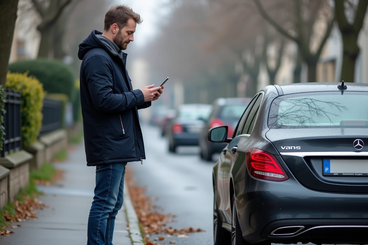 Homme photographiant les dégâts sur sa voiture après un sinistre automobile pour la déclaration assurance