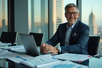 Dirigeant d'entreprise analysant des tableaux financiers complexes dans une salle de réunion moderne en hauteur avec vue sur la ville