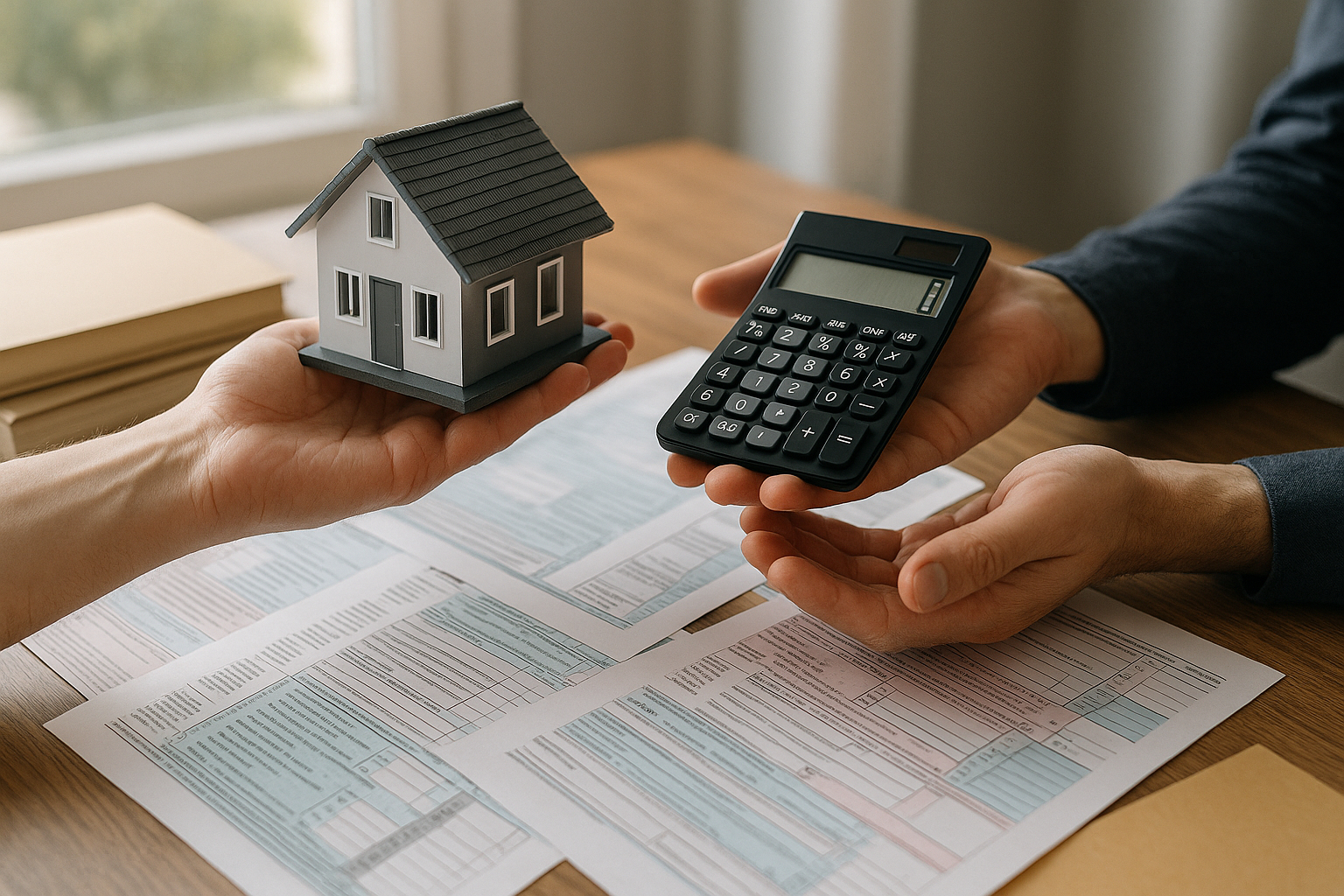 Mains passant une maison miniature et une calculatrice