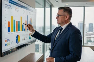 Économiste présentant des données de PIB mondial sur un écran dans une salle de conférence moderne