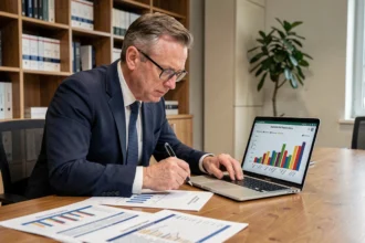 Économiste analysant des graphiques de dette nationale par pays sur une table de conférence en bois