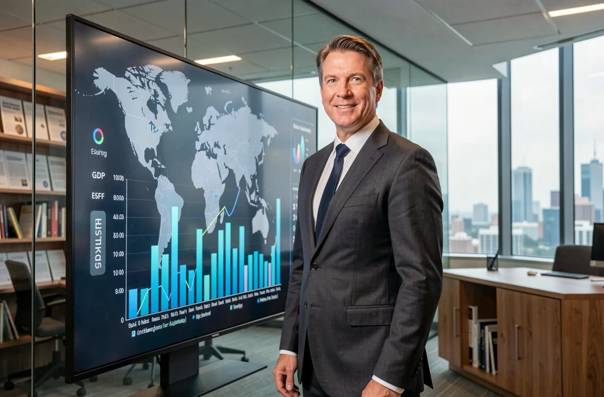 Économiste devant un écran affichant un classement des pays par PIB dans un bureau financier moderne