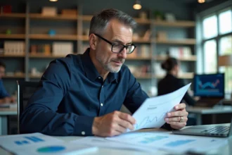 Économiste analysant des prévisions d'inflation 2026 sur des graphiques imprimés dans un bureau professionnel