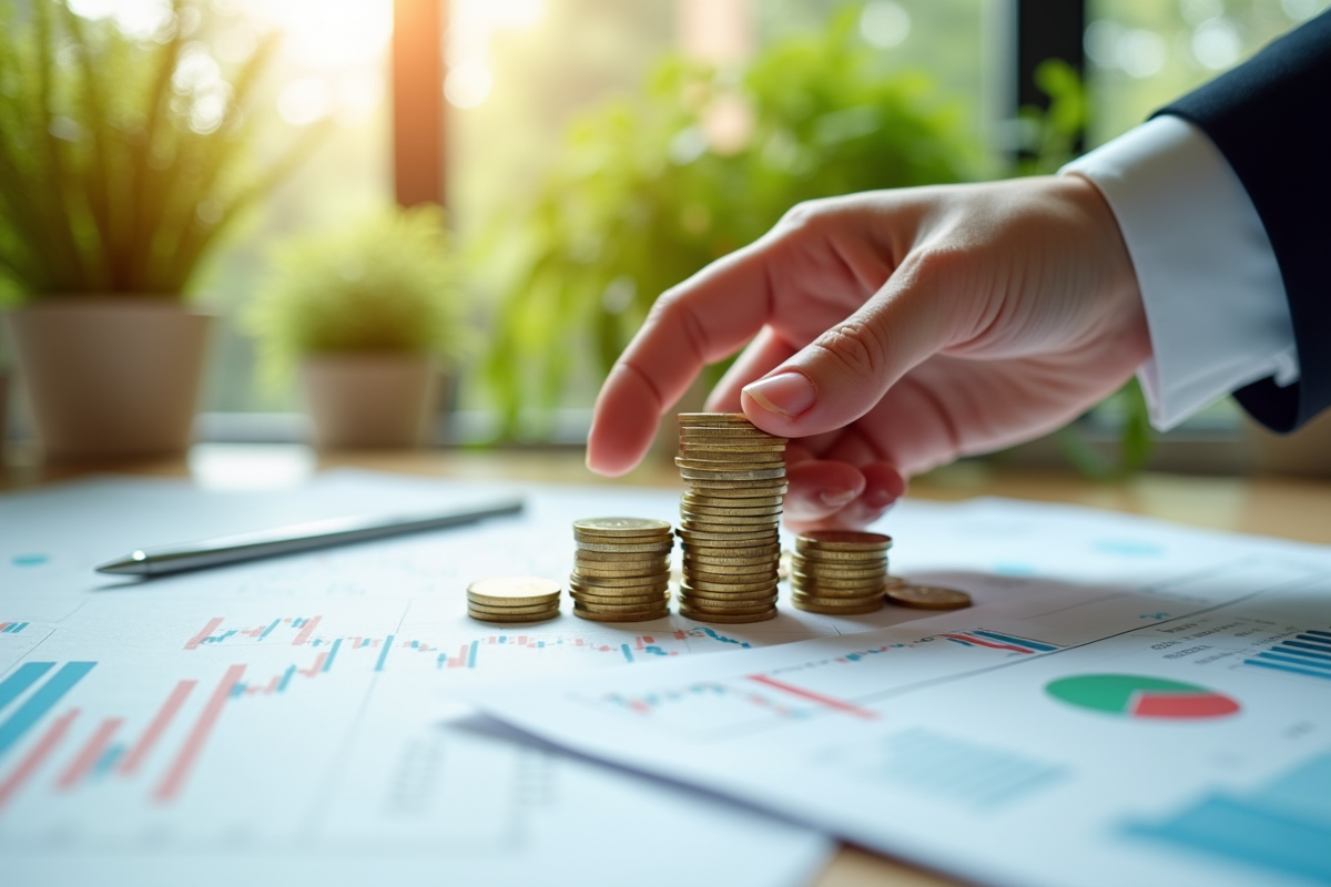 Main empilant des pièces sur des rapports financiers avec plantes vertes