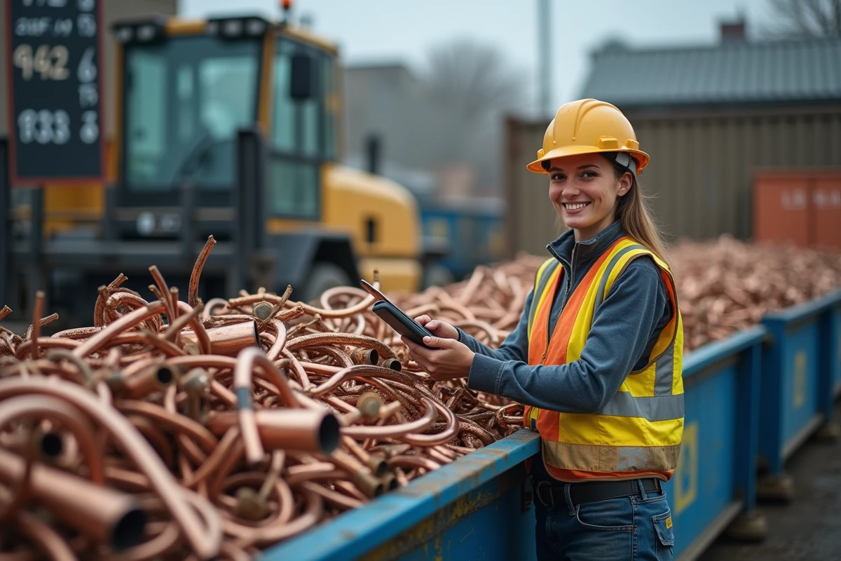 Employée de ferraillerie consultant les prix du cuivre au kilo dans un dépôt de recyclage urbain