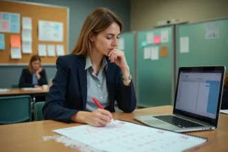 Enseignante consultant un calendrier 2026 pour planifier les jours fériés et les jours de paie