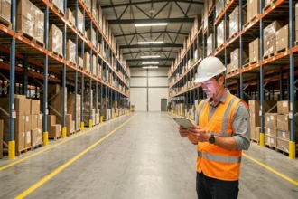 Intérieur d'un entrepôt logistique moderne avec rayonnages métalliques et cartons, un travailleur consultant une tablette numérique, illustrant l'investissement en SCPI logistique