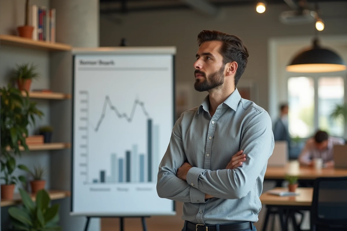 Entrepreneur analysant une stratégie de financement avec le FRCI Île-de-France dans un espace de coworking moderne