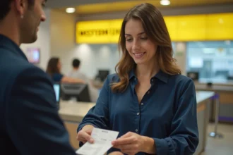 Femme envoyant de l'argent à un guichet Western Union dans un bureau de poste urbain