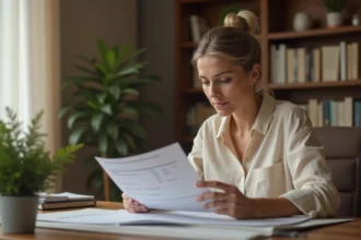 Femme consultant des documents financiers sur l'épargne logement à son bureau à domicile