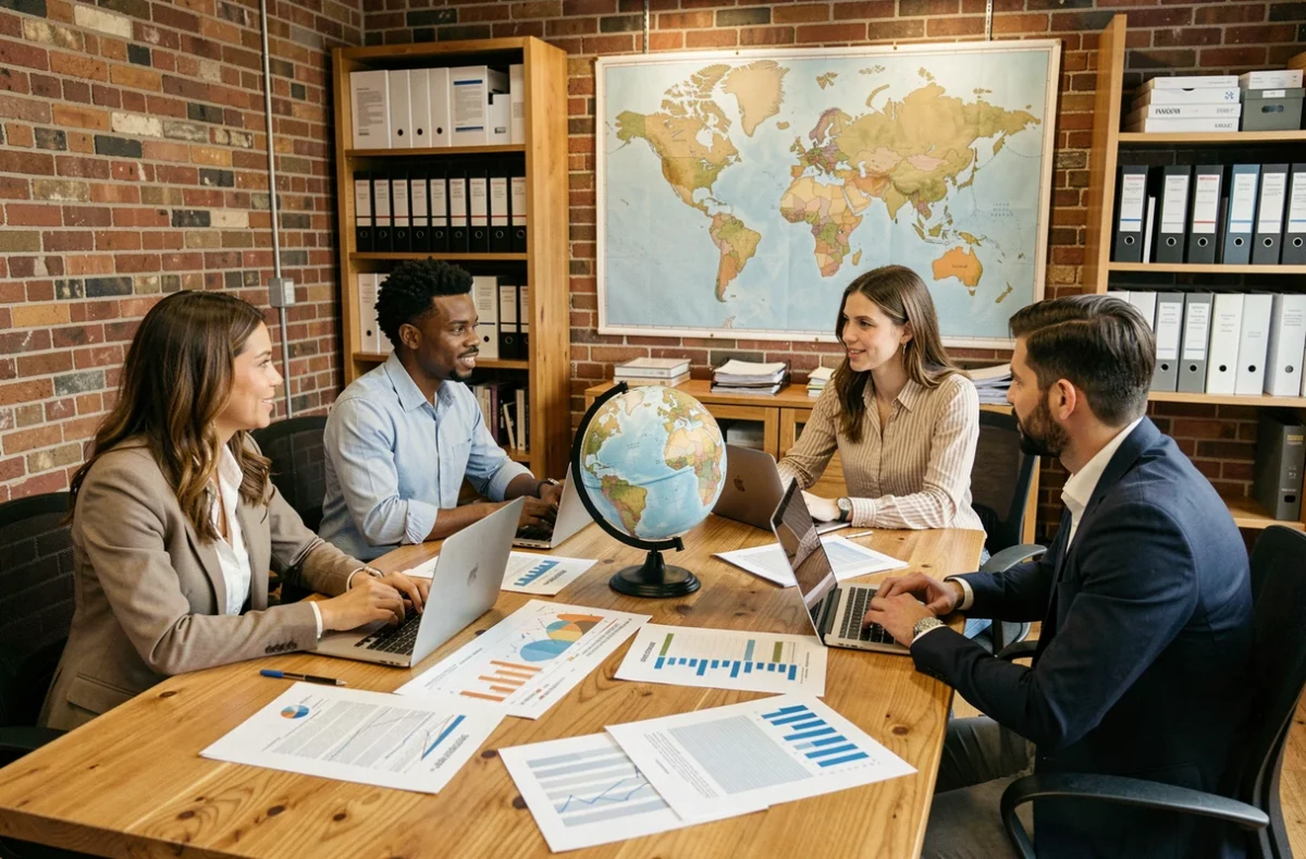 Équipe multiculturelle analysant des rapports économiques et des écarts de PIB entre pays dans un bureau moderne