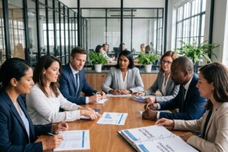 Groupe de professionnels en réunion pour la norme ISO 9001