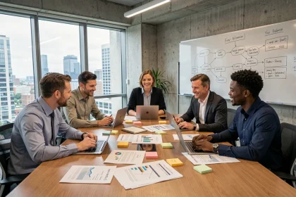 Équipe de professionnels divers planifiant une stratégie lors d'une réunion collaborative en 2026