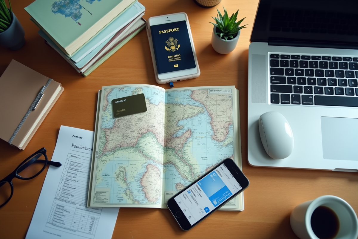 Différents espaces de travail avec cartes et smartphone bancaire