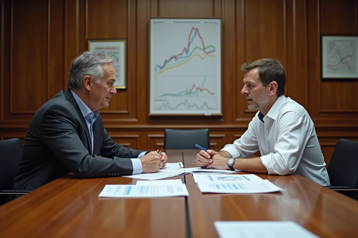 Deux experts économiques discutant des prévisions d'inflation 2026 de l'INSEE et de la Banque de France en salle de réunion