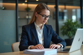 Femme d affaires en bureau moderne avec ordinateur portable