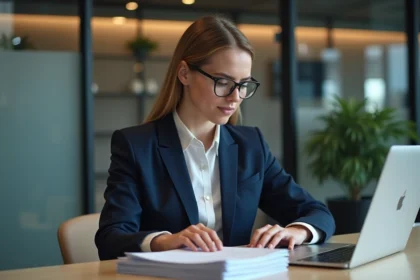 Femme d affaires en bureau moderne avec ordinateur portable