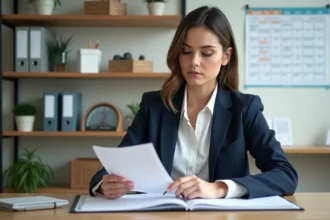Femme d'affaires lisant une facture dans un bureau lumineux