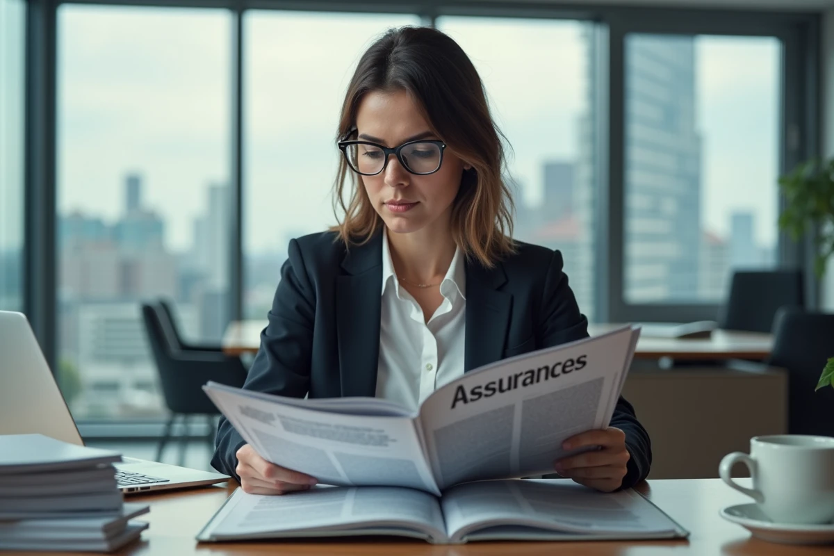 Femme d'affaires analysant un magazine d'assurances dans un bureau