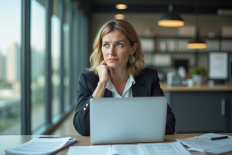 Femme d'affaires réfléchie dans un bureau moderne