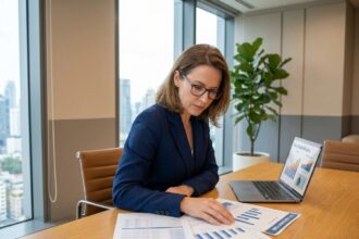 Femme cadre analysant des documents d'investissement en SCPI sur un bureau professionnel en milieu urbain