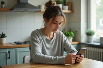Femme utilisant l'application bancaire Canorddefrance sur smartphone à la cuisine