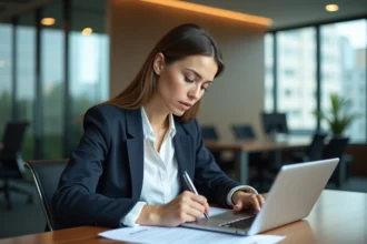 Femme remplissant une demande de credit dans une banque moderne