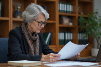 Femme d'âge moyen examinant des documents de retraite au bureau