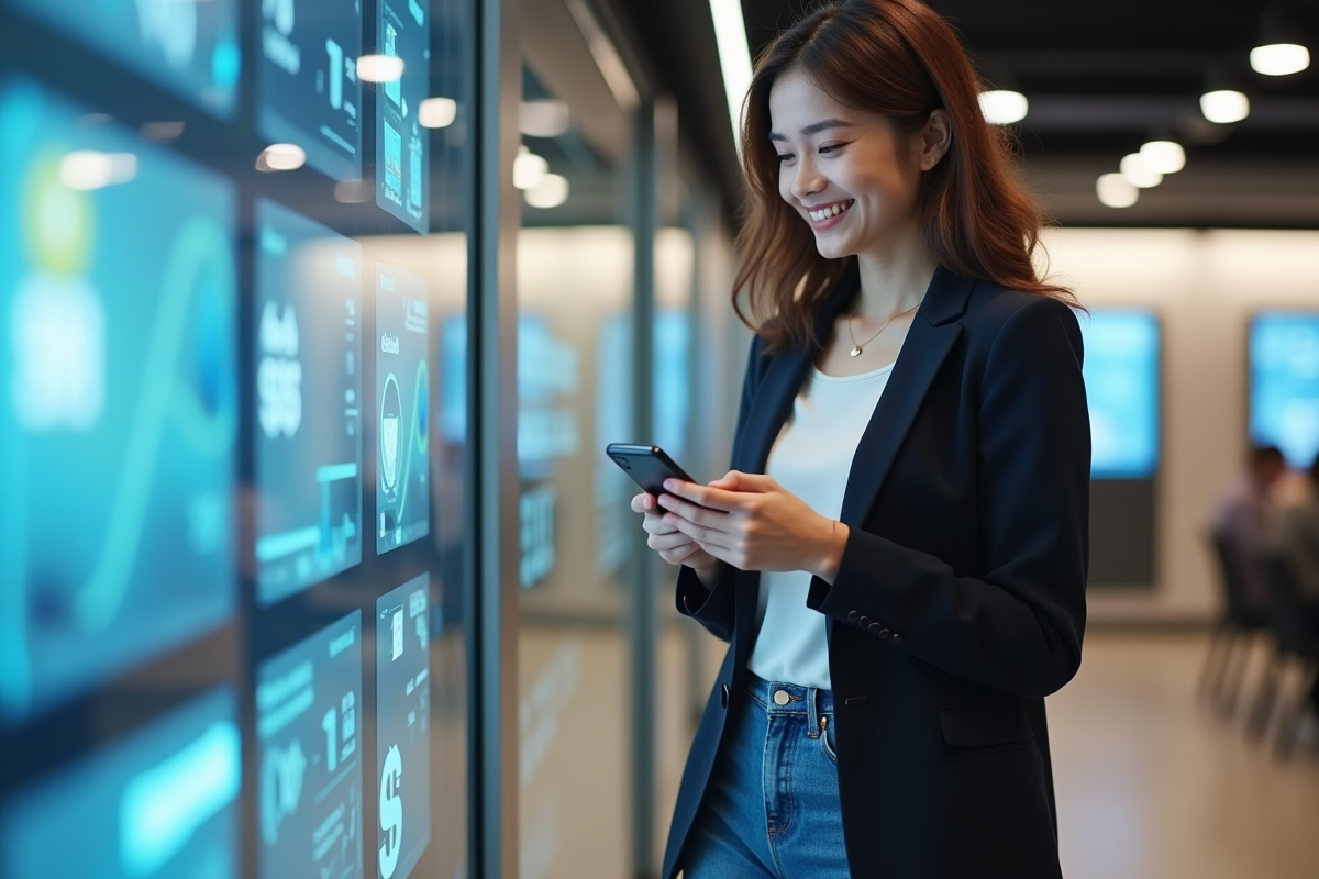 Jeune femme souriante devant un distributeur bancaire digital
