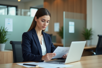 Femme professionnelle compare des documents dans une banque