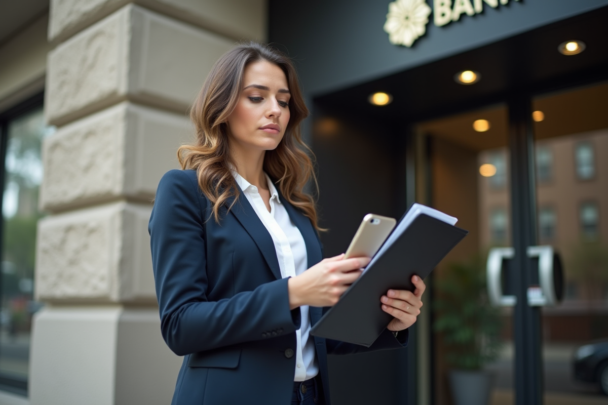 Jeune femme en extérieur devant une banque avec smartphone